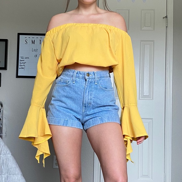 show Lai Tops - Gold Yellow off the shoulder crop top bell sleeve